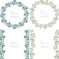 Set of floral frames; foliate wreaths and vertical borders with cotton bolls.